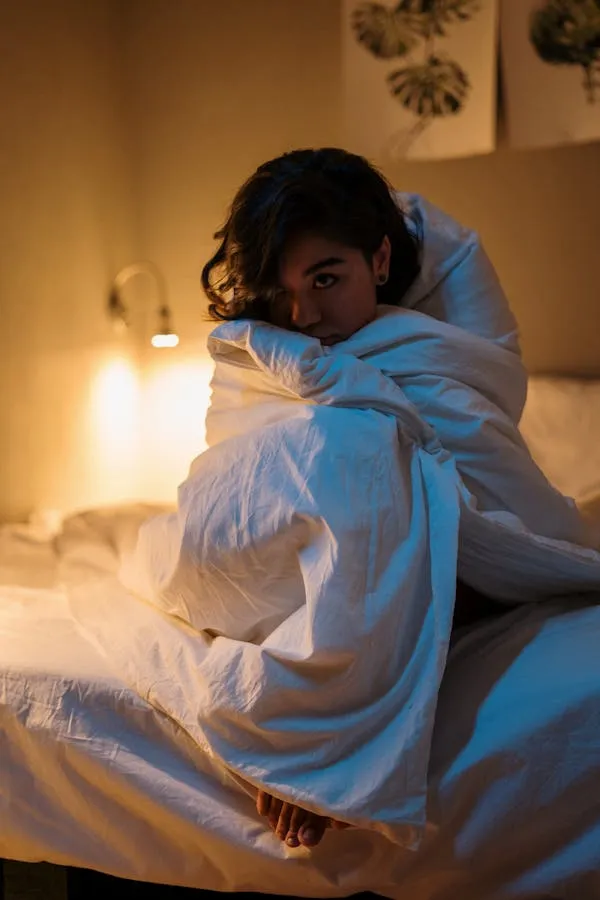 Woman in Cozy Blanket Lit by Warm Ambient Bedroom Light