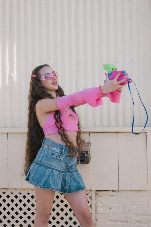 Woman Dressed Colorfully Posing Outdoors with a Playful Vibe