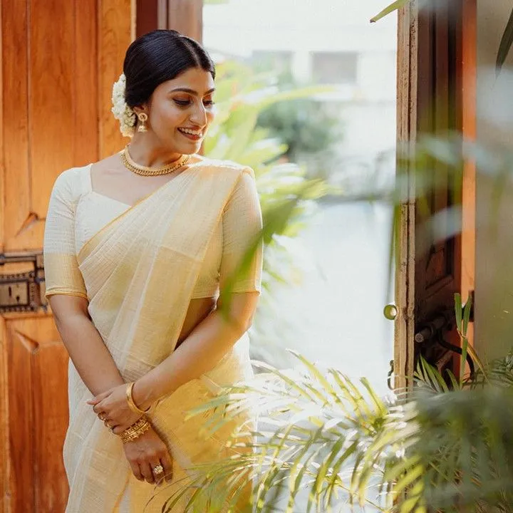 Woman in a Nerial saree standing near the wooden door image