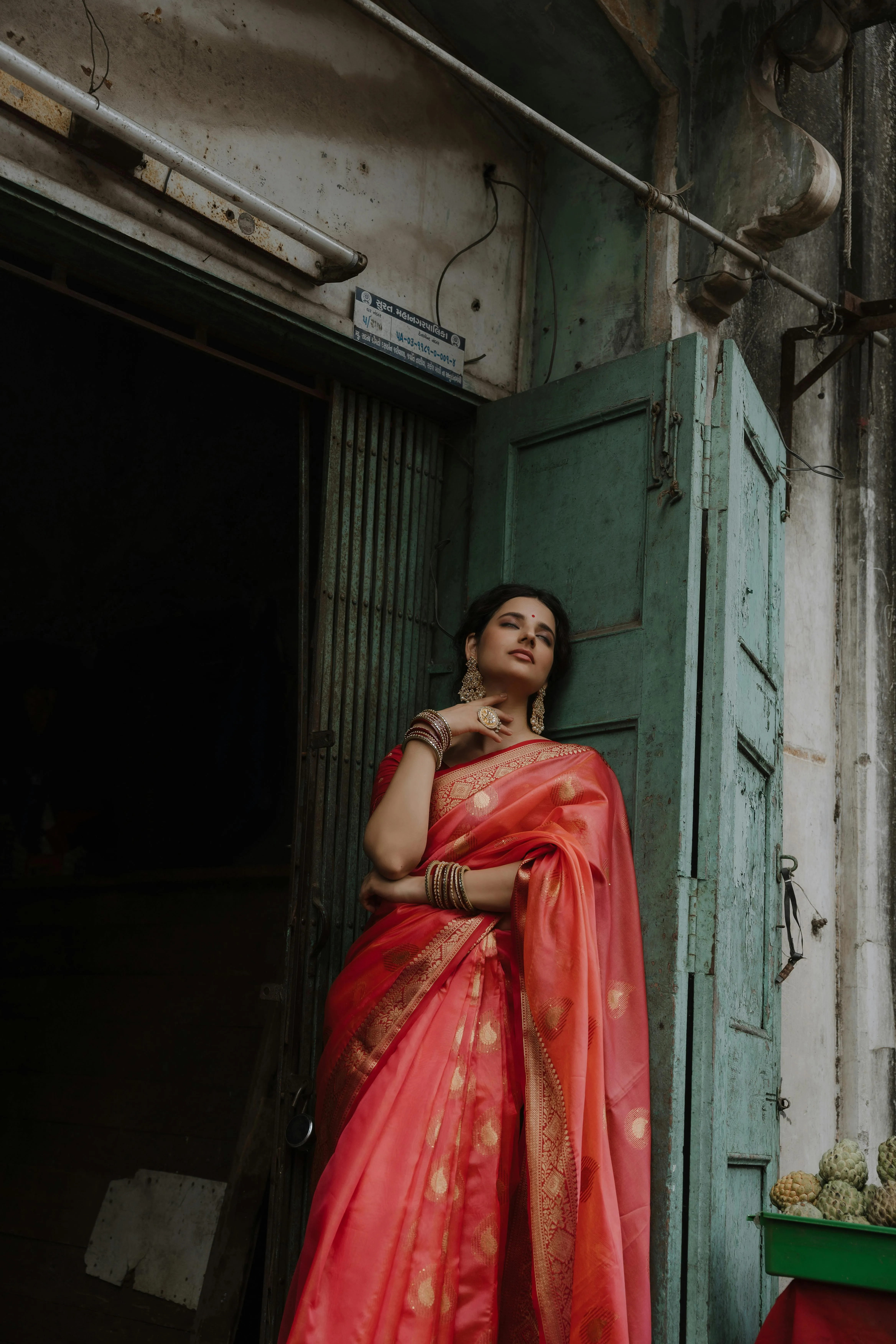Woman in Pink Saree Standing Gracefully Near Old Doorway