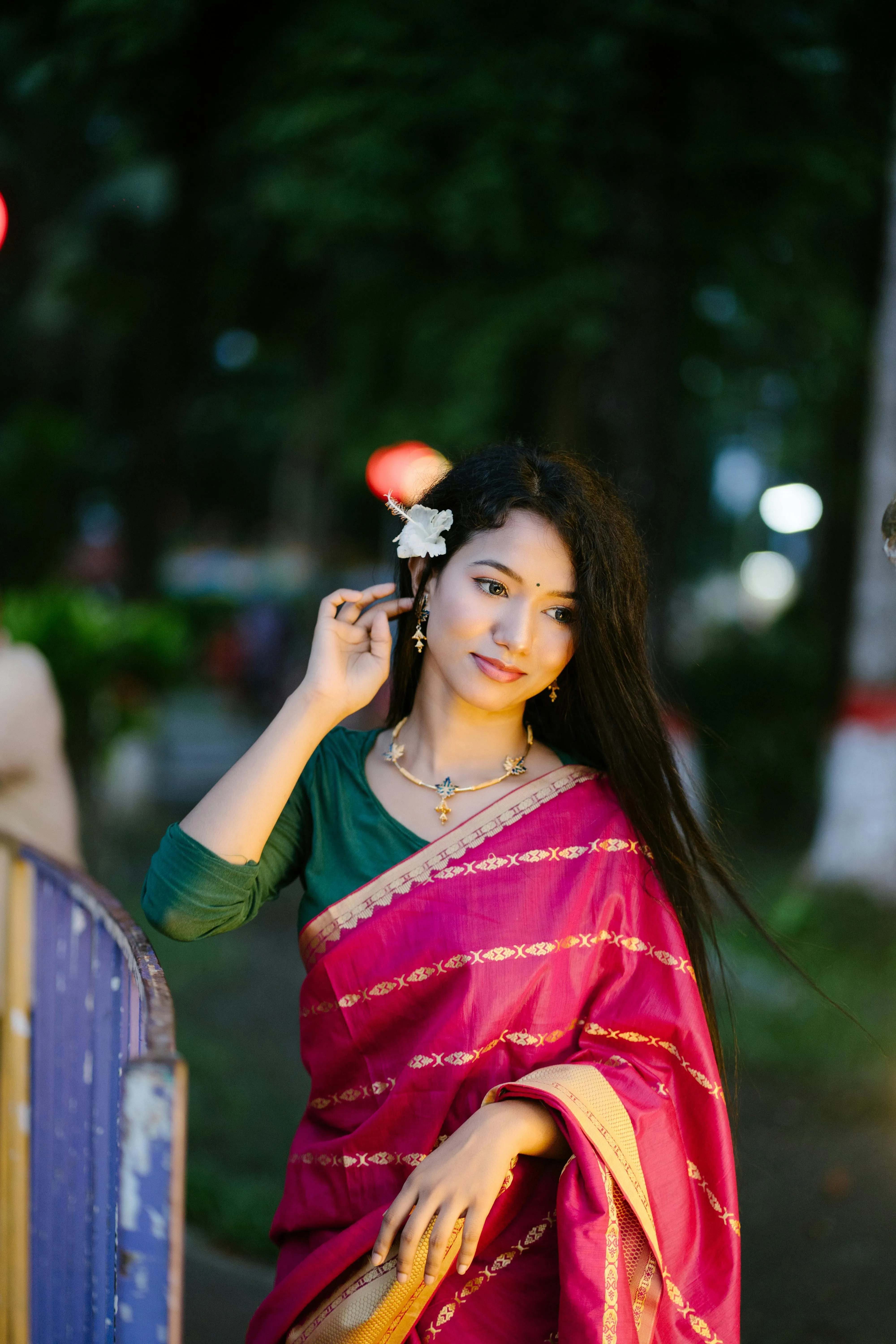 Woman in Pink Saree Standing Outside Under Evening Sky Image