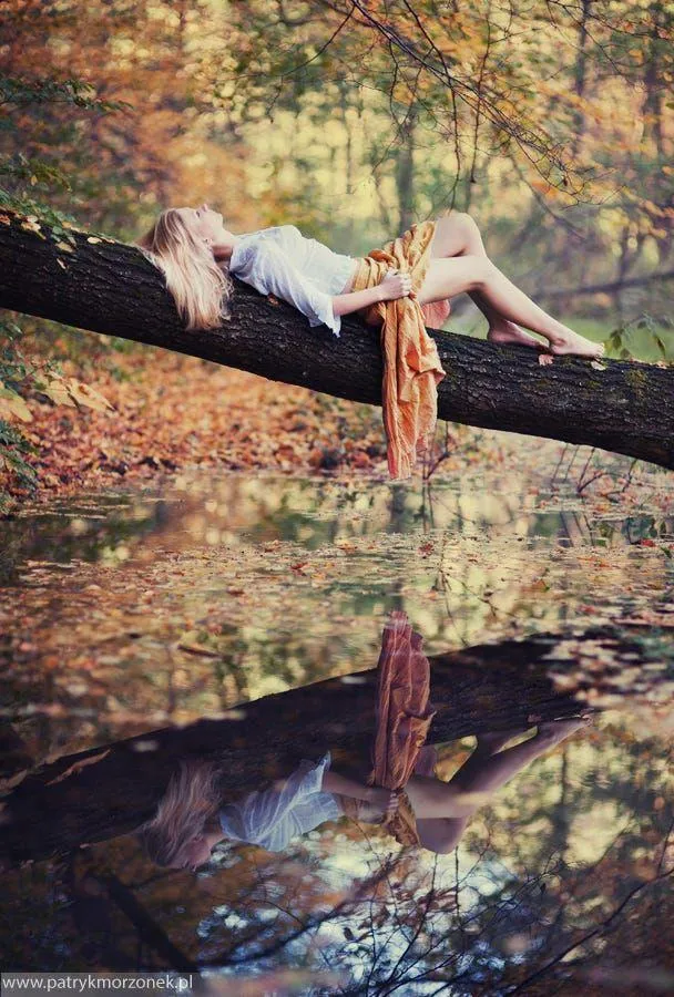 Woman Lying on a Tree Branch Over Water in Autumn Wallpaper