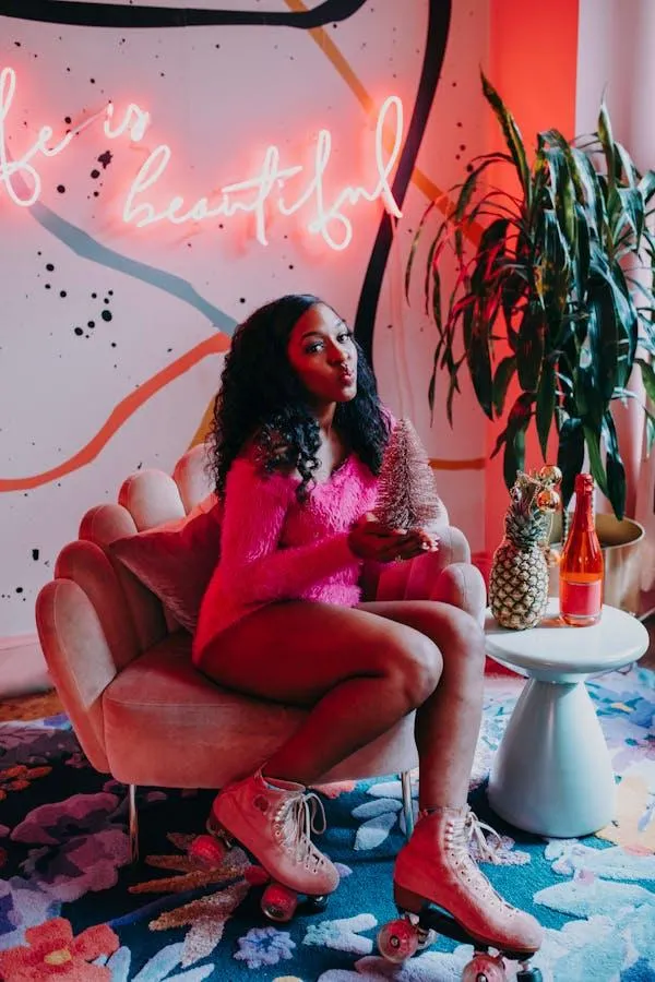 Woman in a Red Outfit Sitting in a Neon Themed Colorful Room