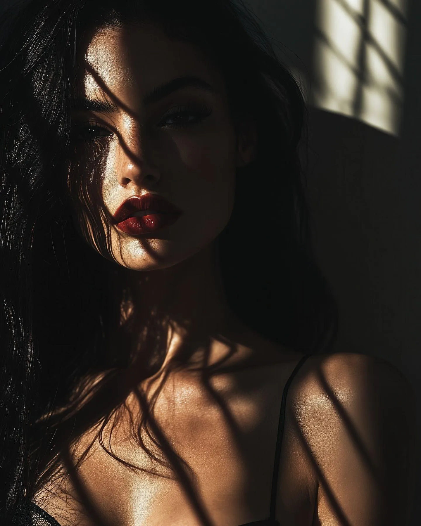 Woman Standing in Dramatic Shadows with a Serious Expression