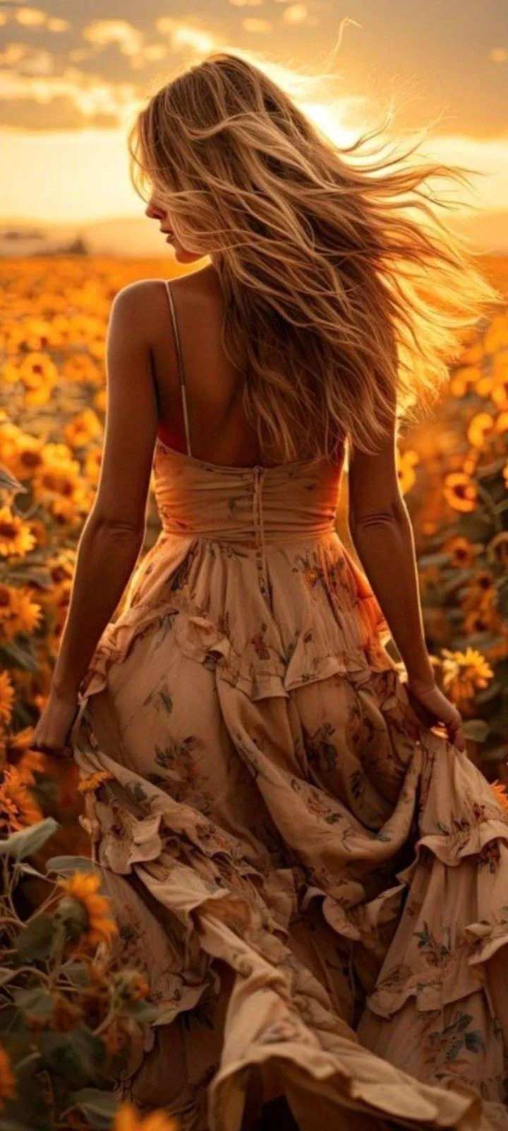 Woman Walking in a Golden Field Wearing Long Skirt Wallpaper
