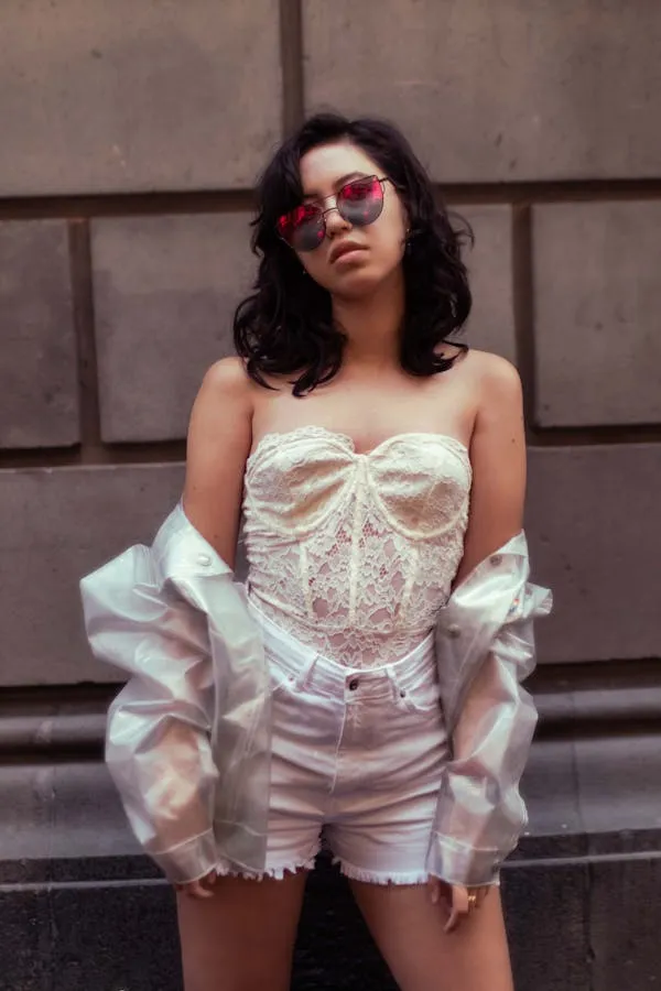 Woman in White Lace Top and Shorts with Vintage Vibe Outdoor
