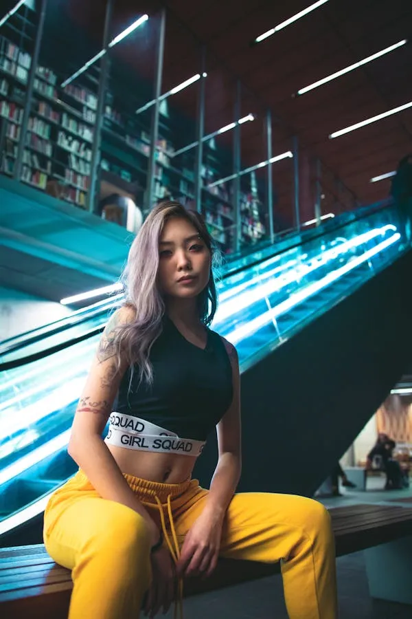 Woman in Yellow Pants Sitting Near Blue Neon Light Wallpaper