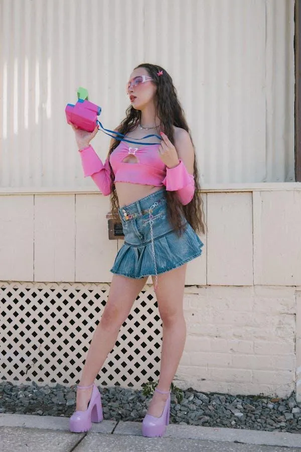 Young Woman Holding a Doll and Posing Playfully Outdoors