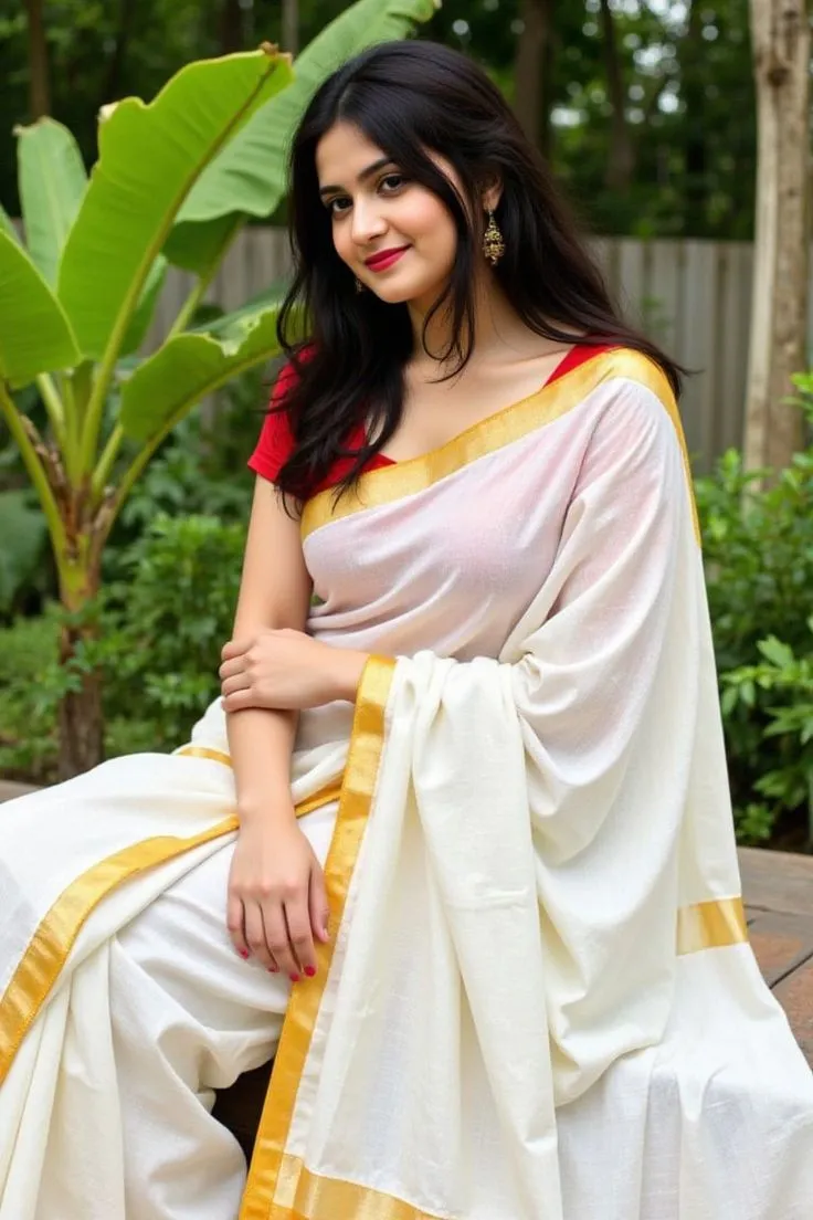 Young woman in a white saree sitting near the banana tree