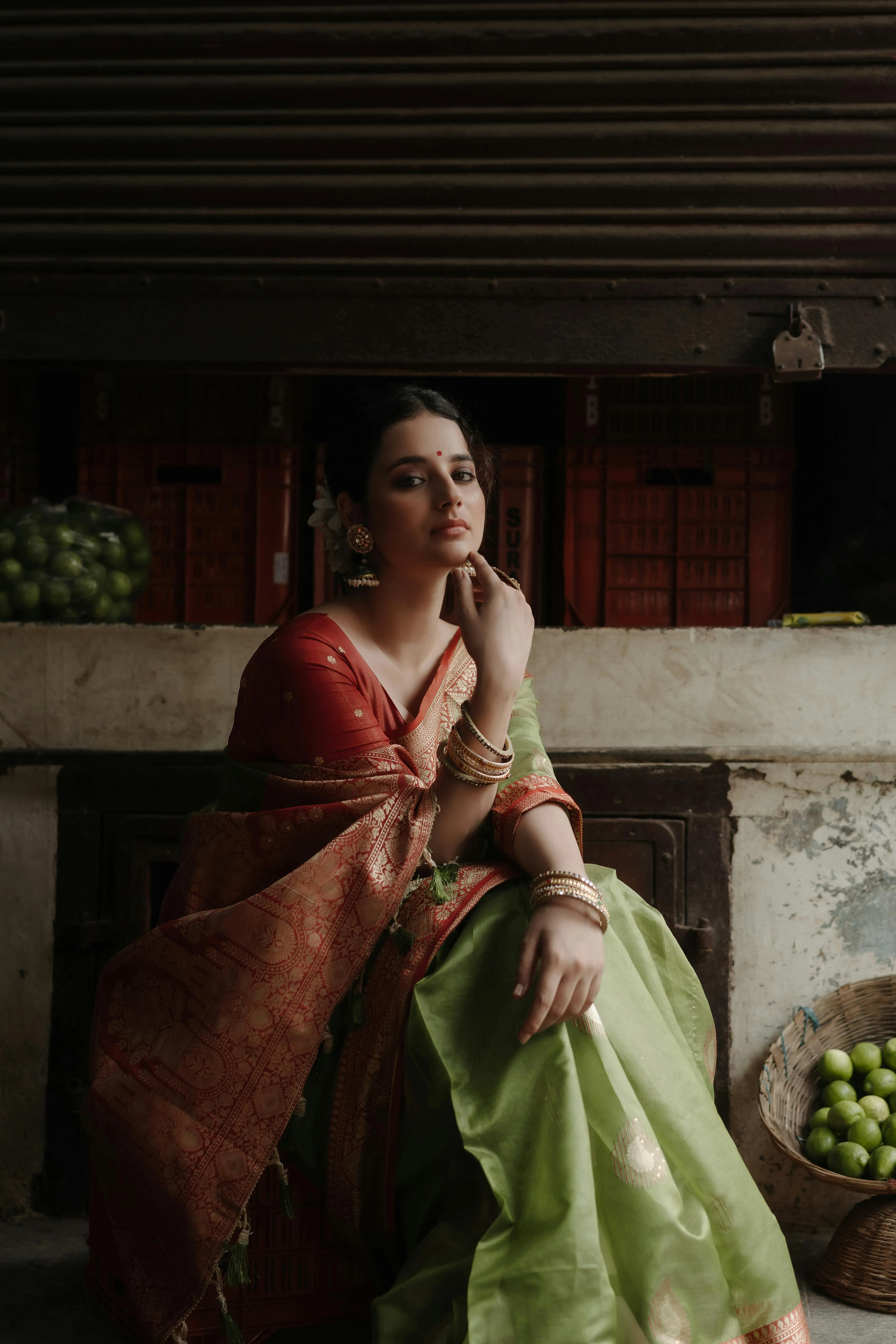 Young Woman in Brown Saree Seated Near Traditional Step
