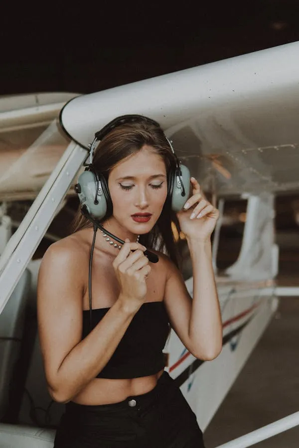 Young Woman Is Listening To Music Near a Small Airplane