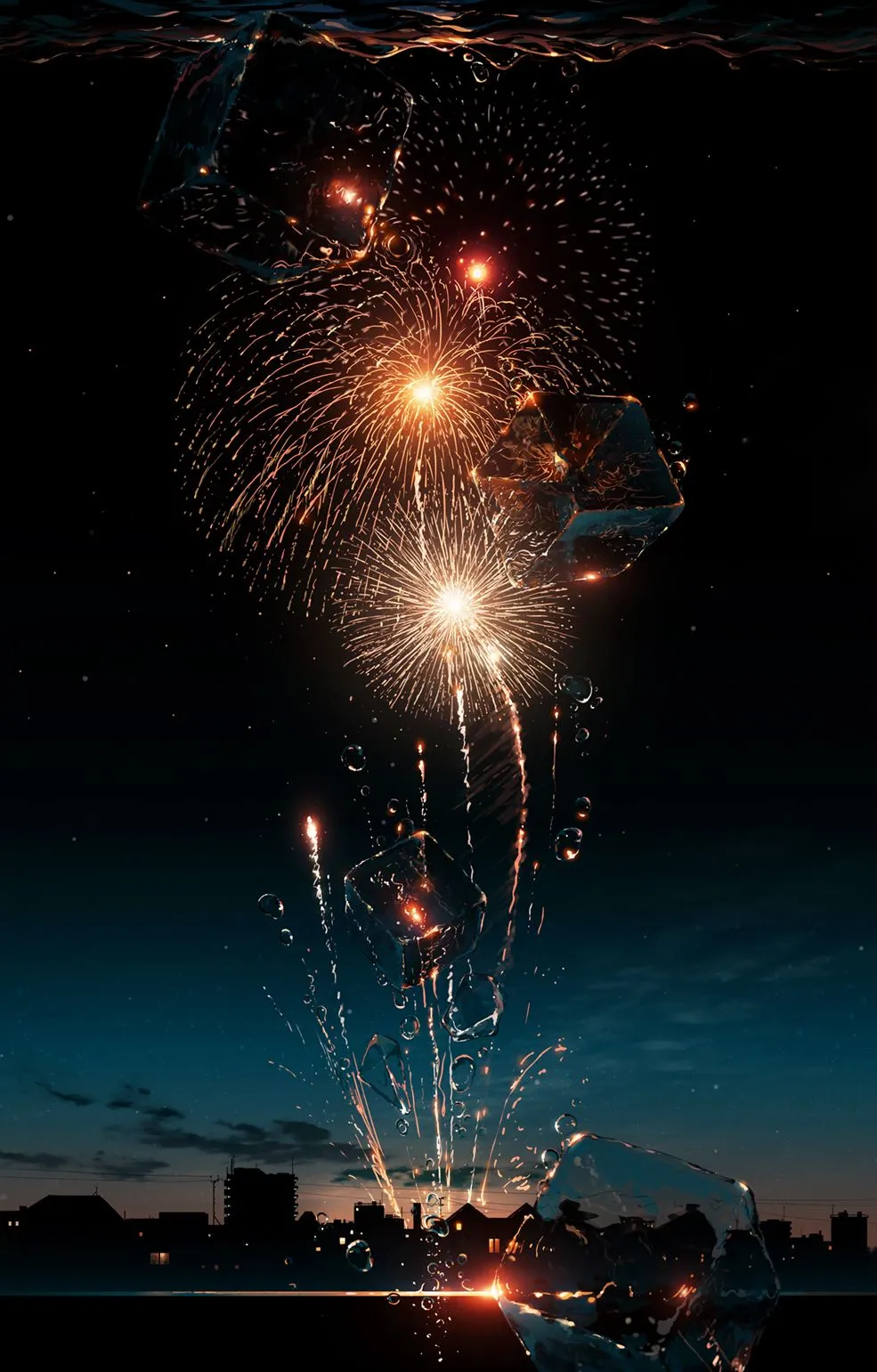 A burst of colorful fireworks in the sky with smoke below