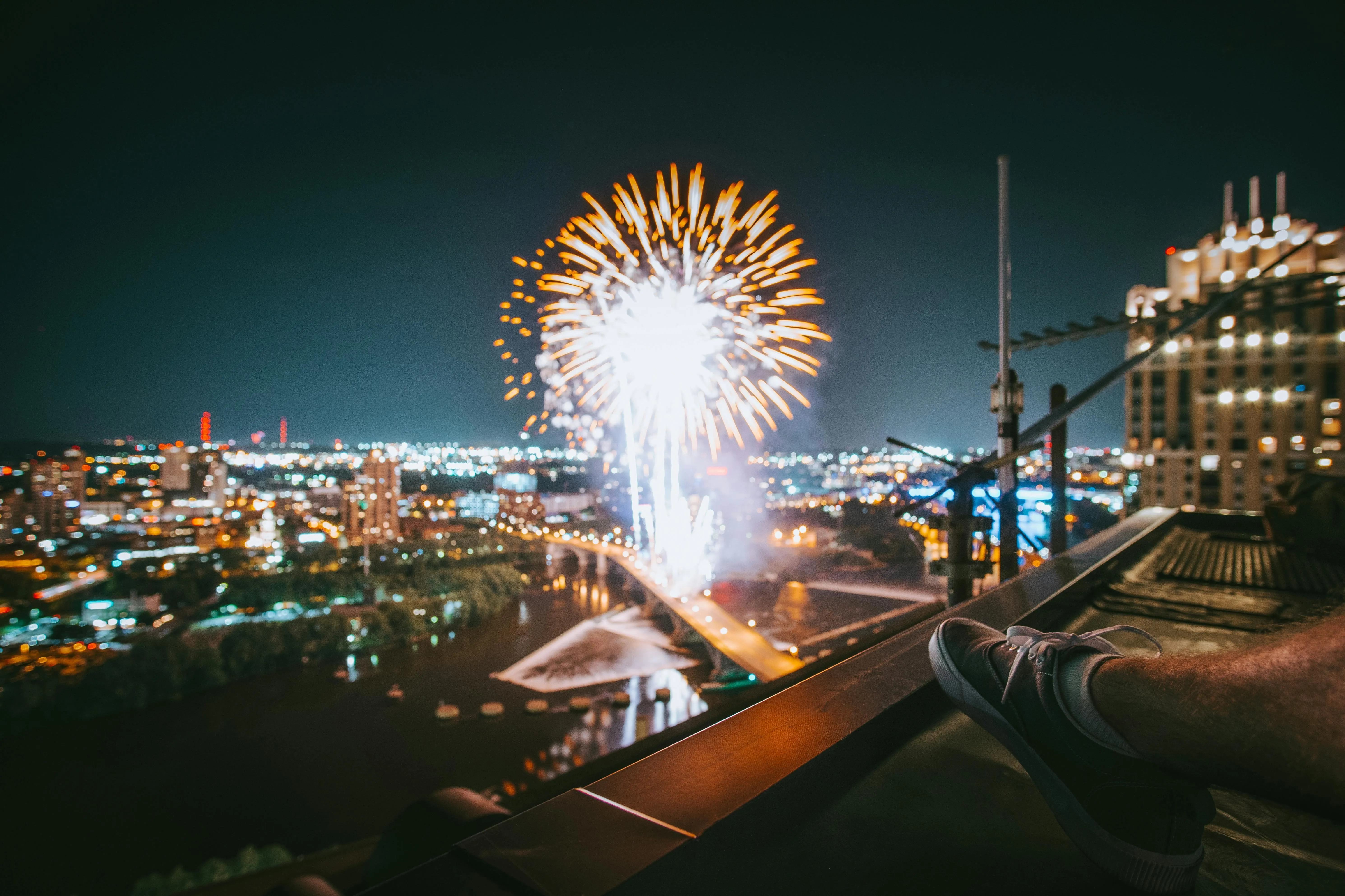 Aerial view of fireworks over a city at night with colorful lights
