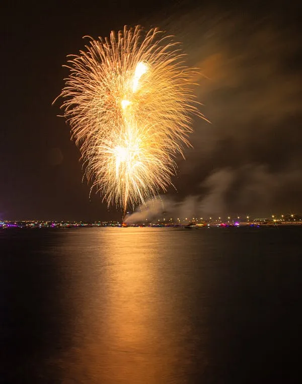 Amazing Fireworks Reflecting over Water in Night Sky 4K