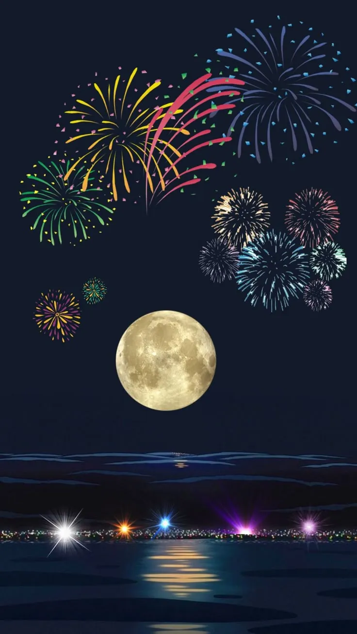 Amazing Fireworks Under Full Moon over the Water HD
