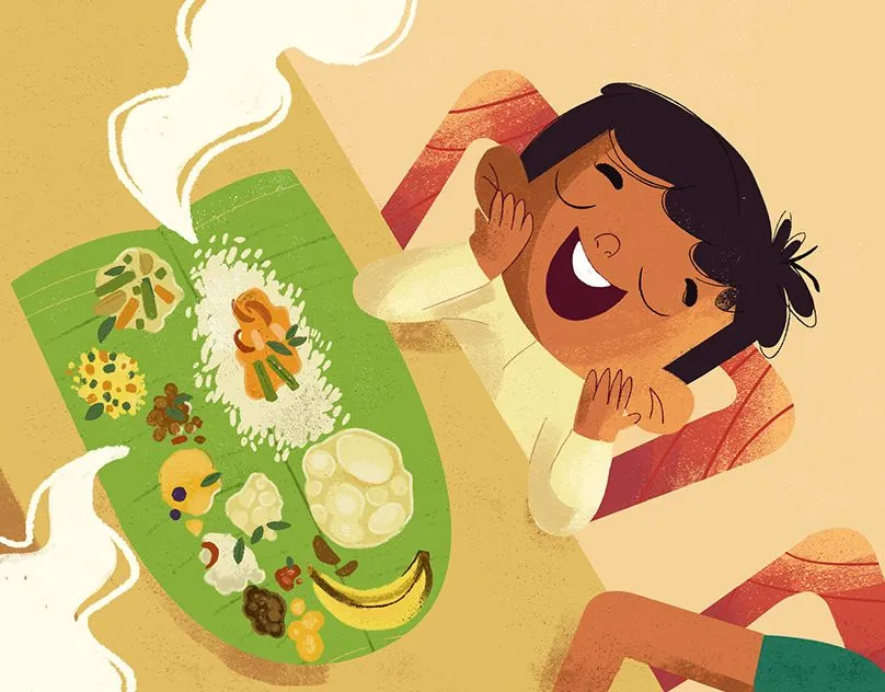 Art with the Cartoon image and Onam sadya picture in poster