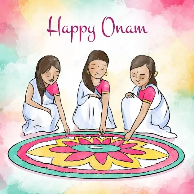 Art with the three girls in rangoli design and happy Onam