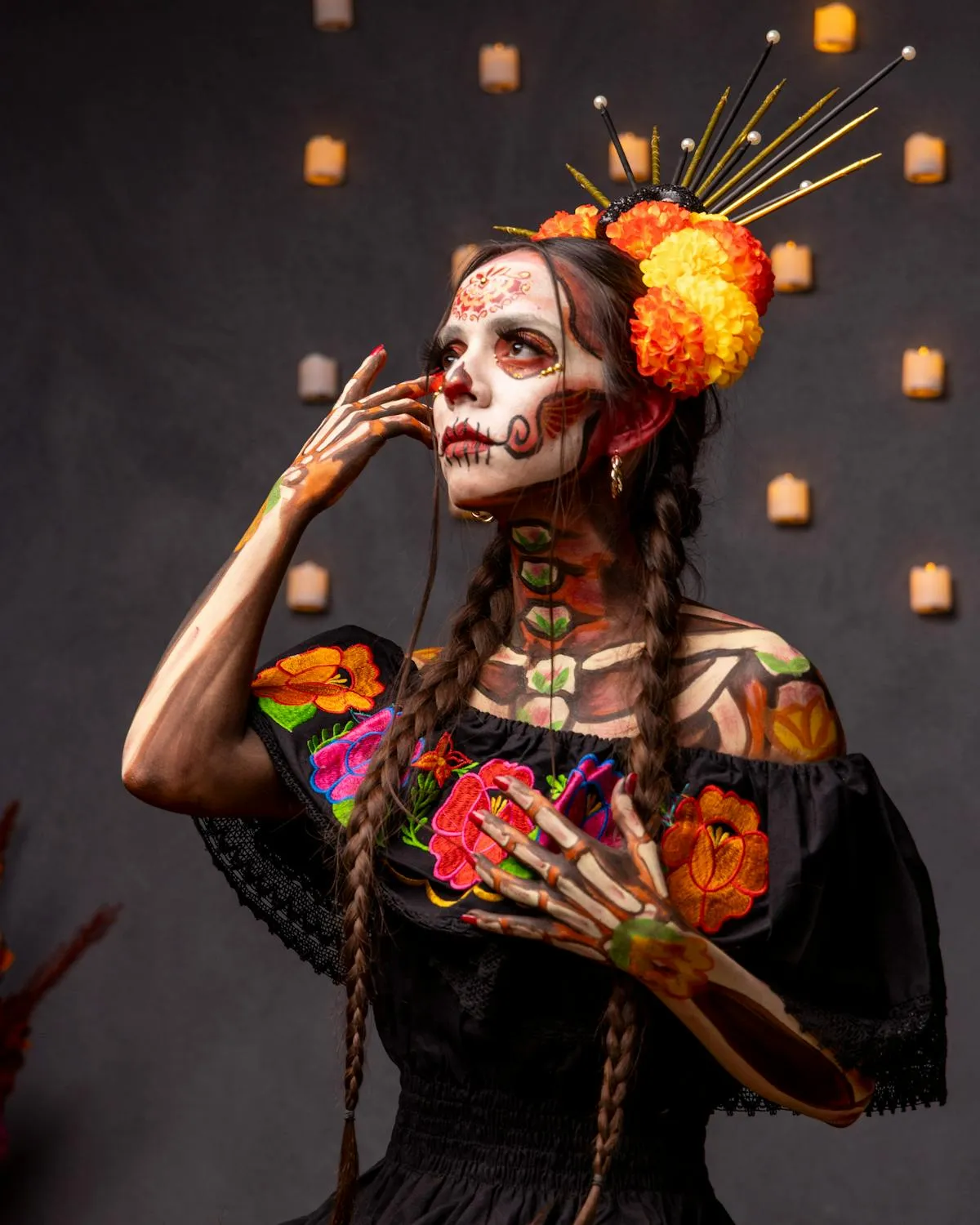 Artistic Halloween Makeup with Floating Lanterns Wallpaper