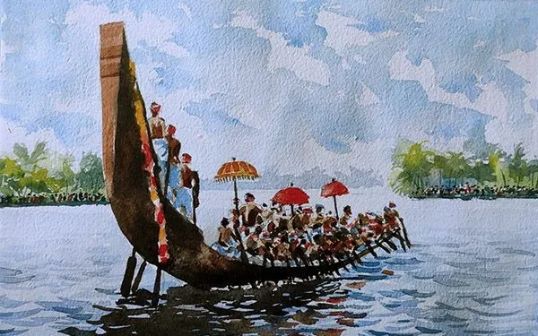 Artistic image of a snake boat race with people and umbrella