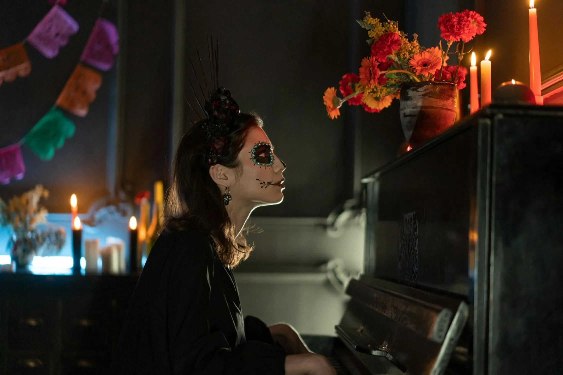 Authentic Halloween Night of Woman with Face Paint on Piano