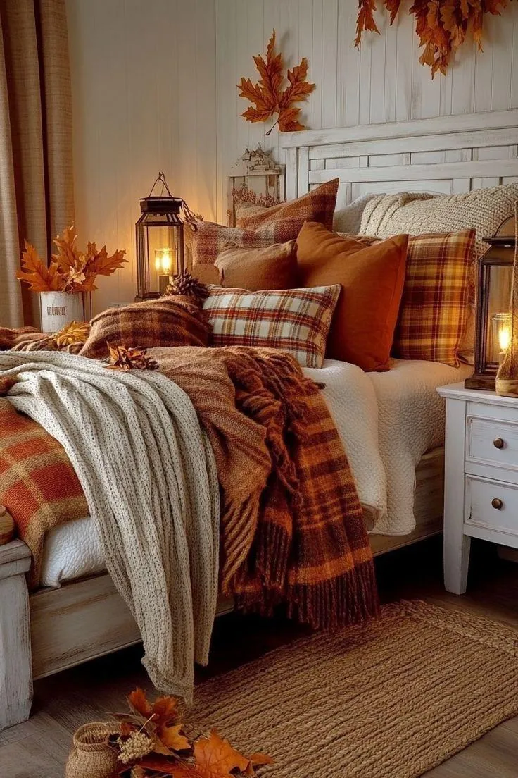Autumn Bedroom Decor with Pumpkins and Cozy Textiles