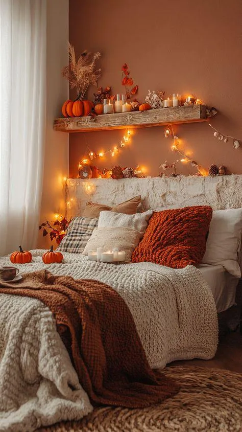 Autumn Bedroom Decor with Pumpkins and Soft Lighting