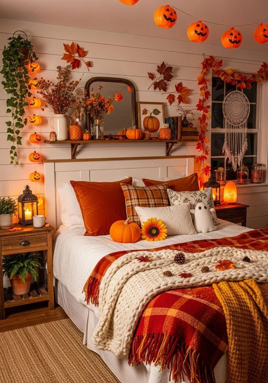 Autumn Bedroom Decorated with Pumpkins and Cozy Blankets