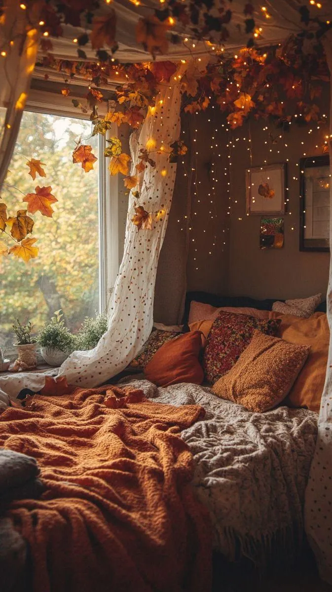 Autumn Bedroom with Soft Bedding and Warm Fall Lighting