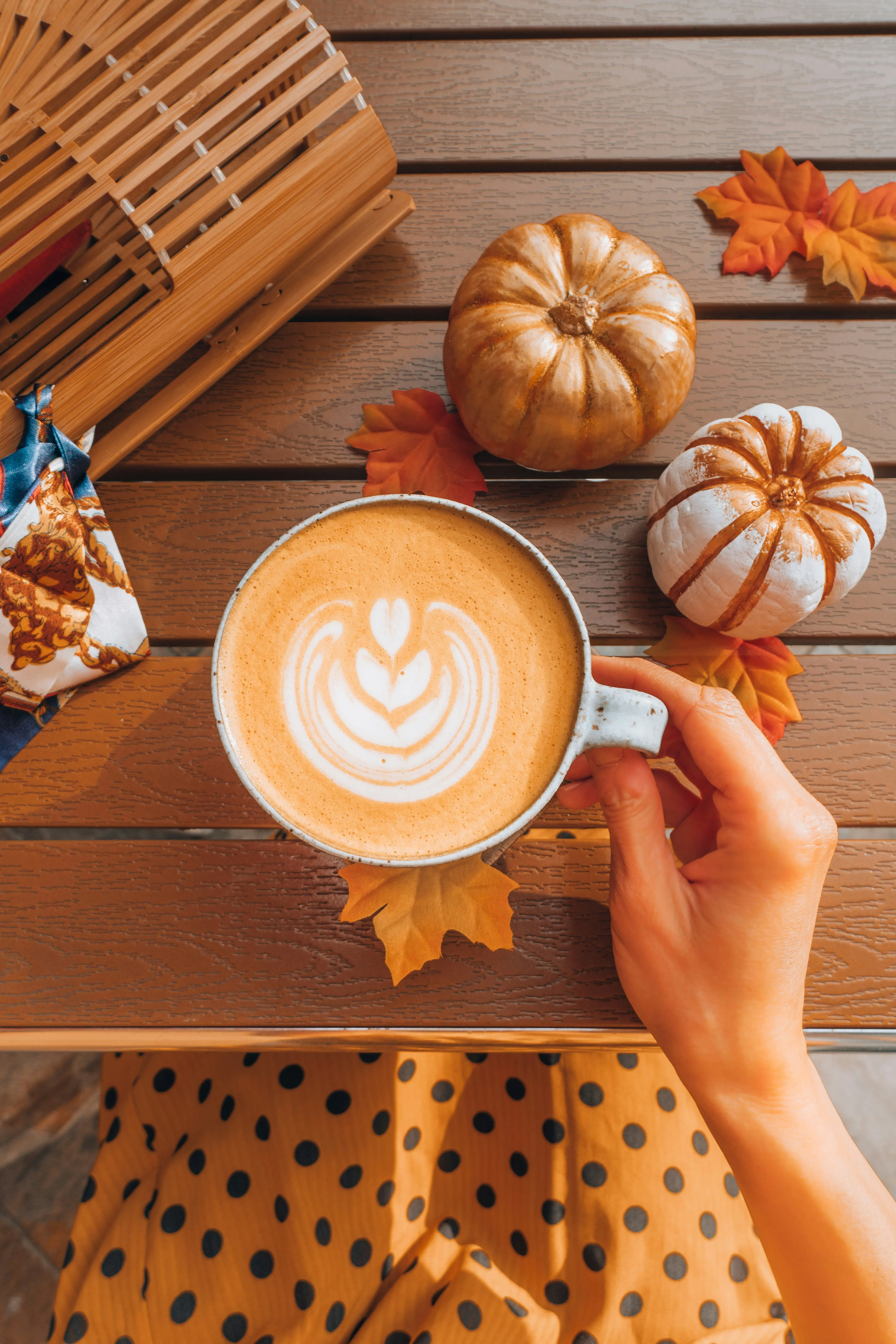 Autumn Coffee Latte with Pumpkins and Seasonal Decoration