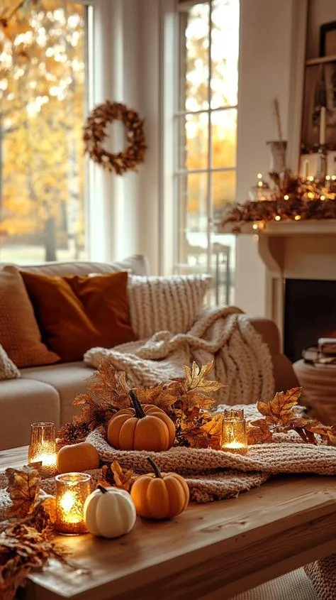 Autumn Dining Setup with Pumpkins and Candles Wallpaper