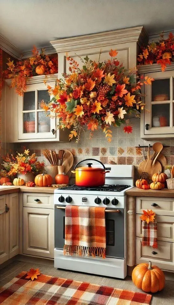 Autumn Kitchen Decor with Seasonal Pumpkins and Flowers