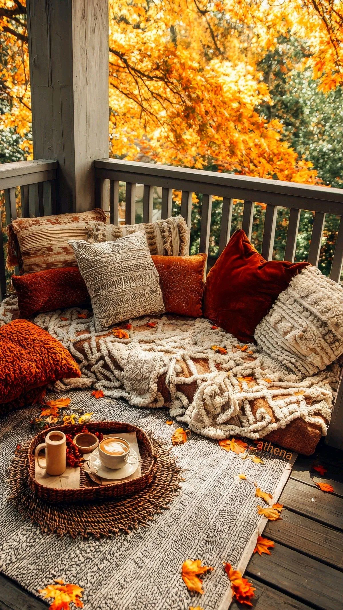 Autumn Outdoor Seating with Blanket and Pumpkin Decor