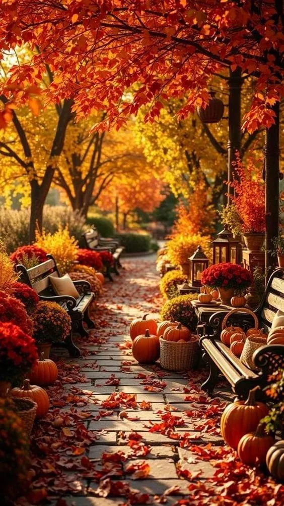Autumn Pathway Lined with Pumpkins and Fall Leaves Image