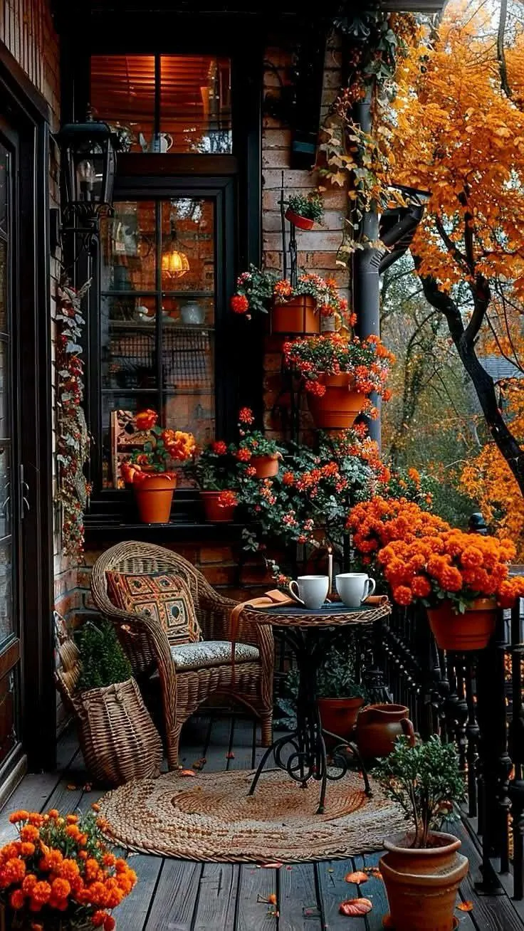 Autumn Patio Setup with Pumpkins and Cozy Fall Decor