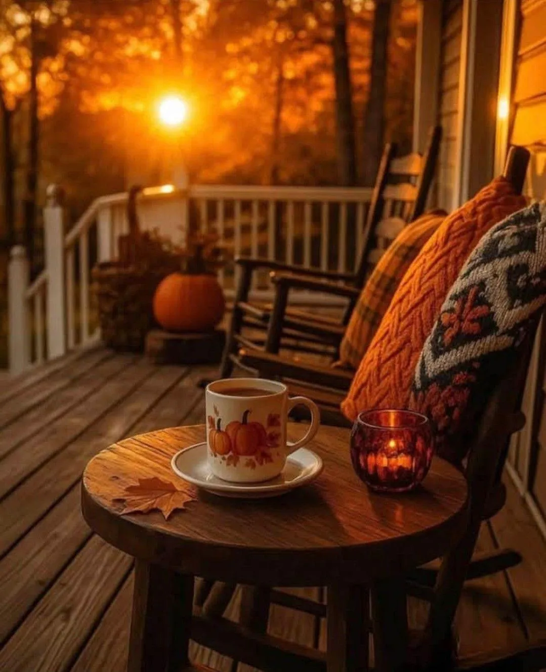 Autumn Porch Scene with Pumpkin and Cozy Chair Wallpaper