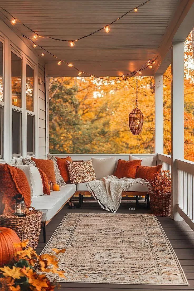 Autumn Porch Seating with Pillows and Pumpkin Decoration