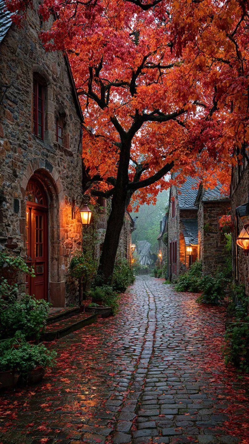Autumn Street Path with Red Leaves and Halloween Decor