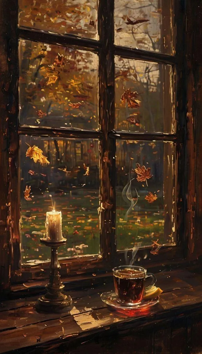 Autumn Window Scene with Candles and Seasonal Decoration