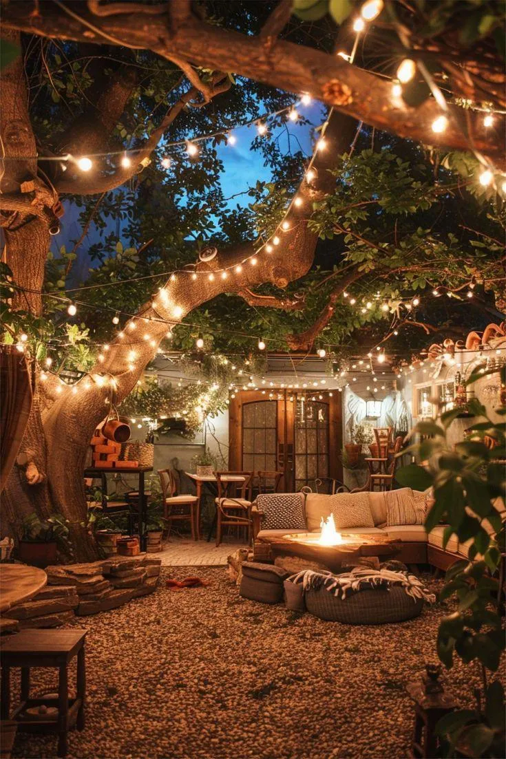 Backyard Patio with Lights and Cozy Halloween Ambiance