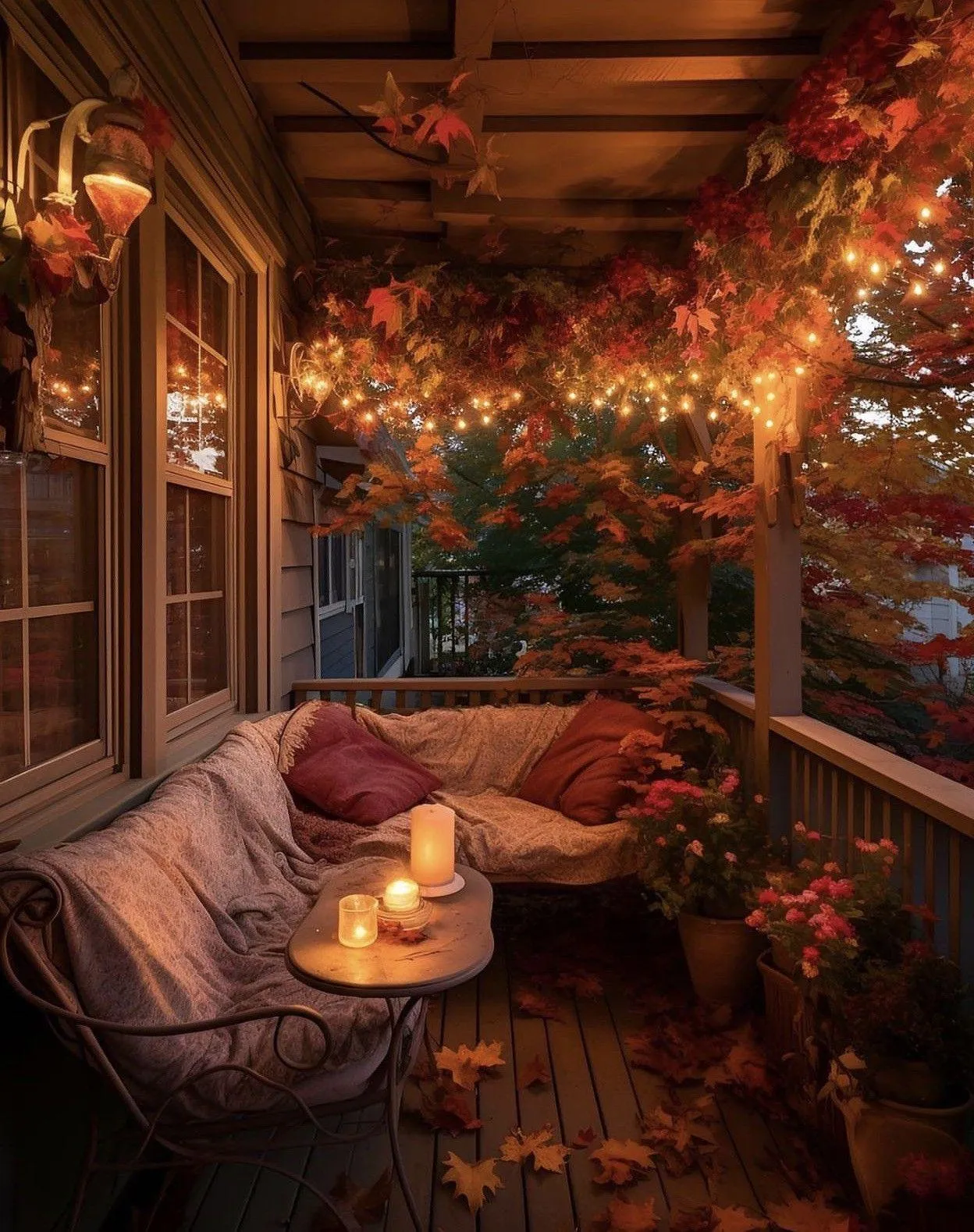 Balcony Setup with Candles and Autumn Scenery Wallpaper