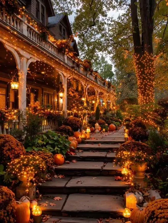 Beautiful Autumn Porch with Lit Pumpkins and Seasonal Flowers