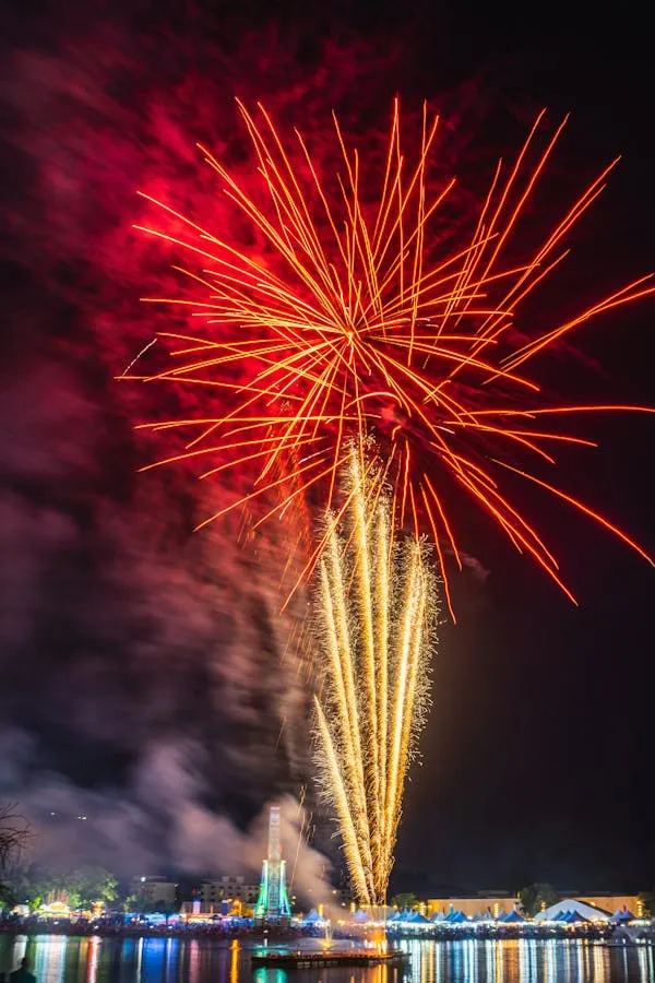 Beautiful fireworks cascading down to the ground in colors