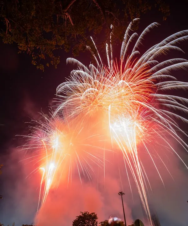 Beautiful Orange firework display over a city by night lights