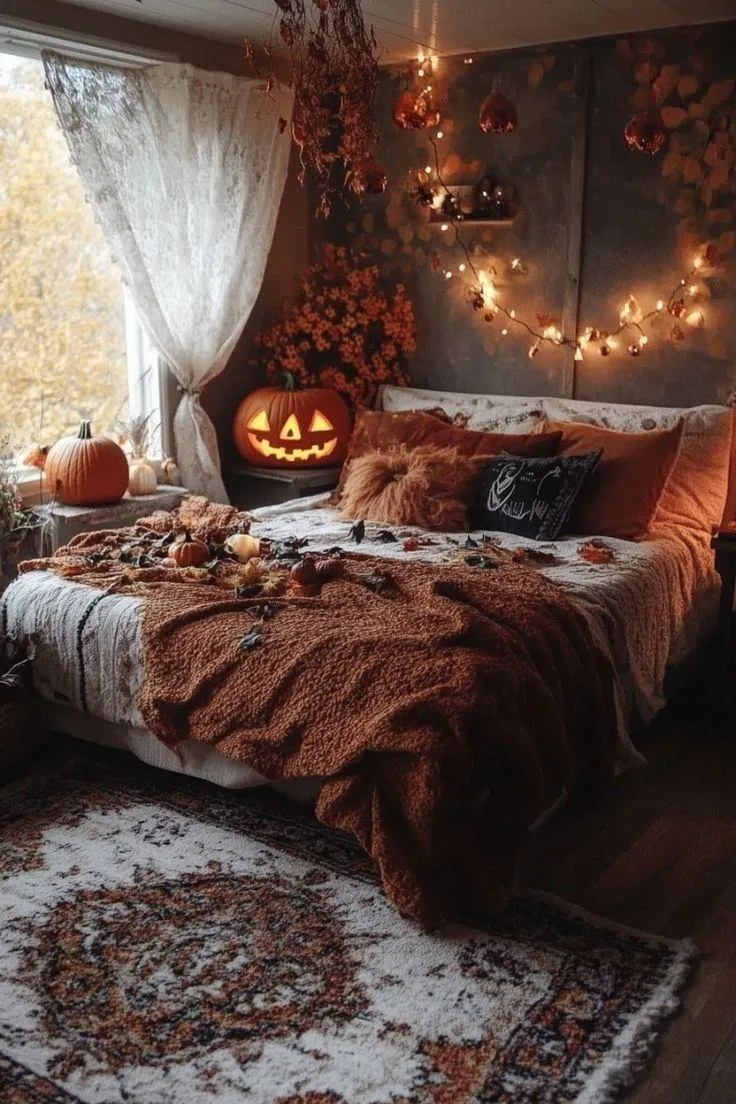 Bedroom Ambiance with Jack O Lantern and Sheer Curtains