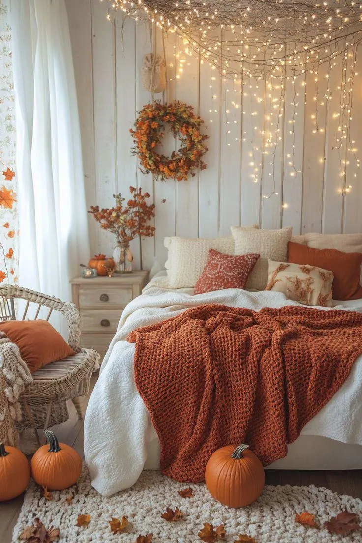 Bedroom Decorated For Fall with Pumpkins and Lights Image