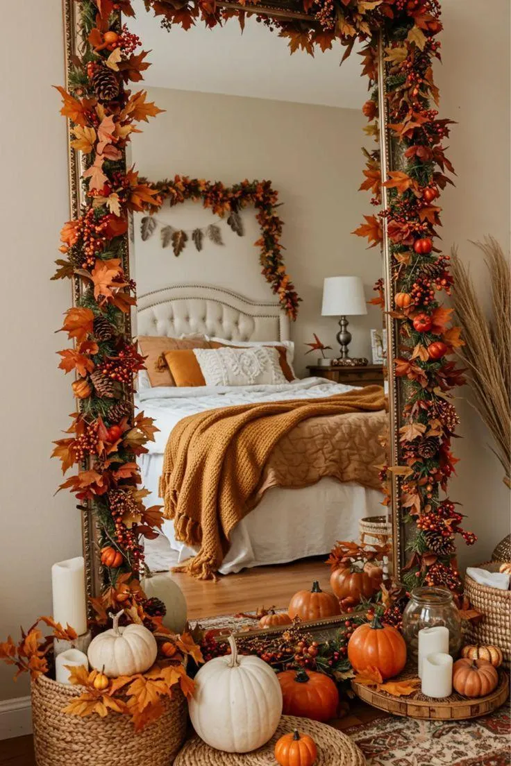 Bedroom Mirror with Fall Leaf Garland and Pumpkins Image