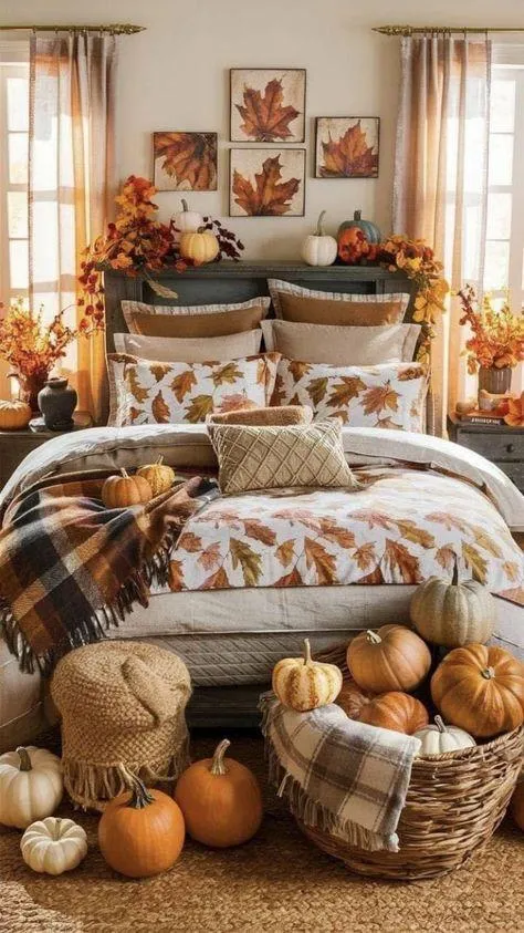 Bedroom with Cozy Autumn Bedding and Pumpkin Decorations