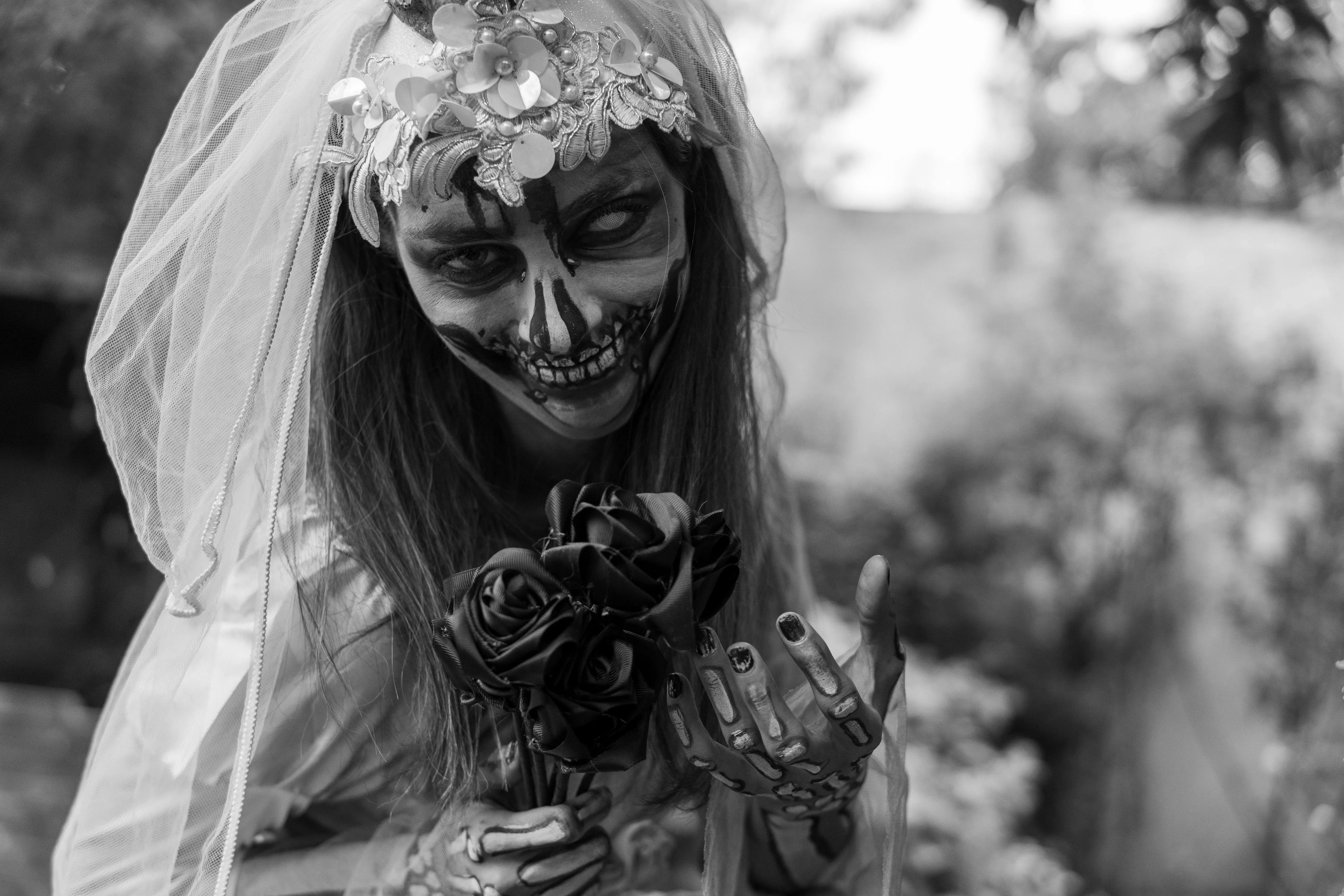 Black and White image of Woman with Skeleton Makeup