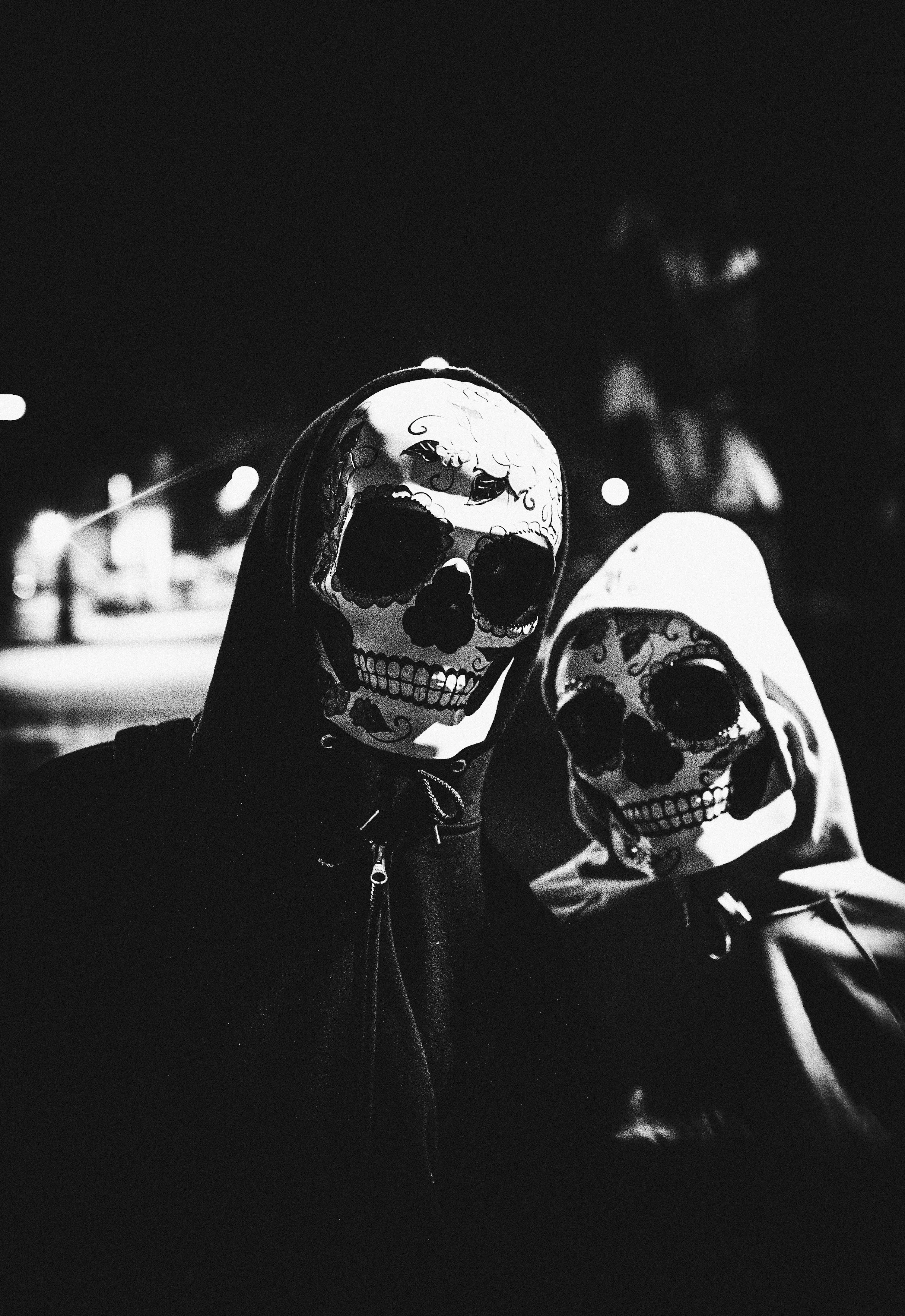 Black and White Photo of Couple in Skeleton Costumes