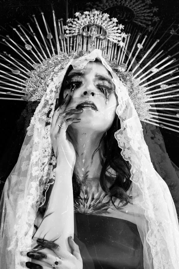 Black and White Portrait of Woman with Artistic Headpiece
